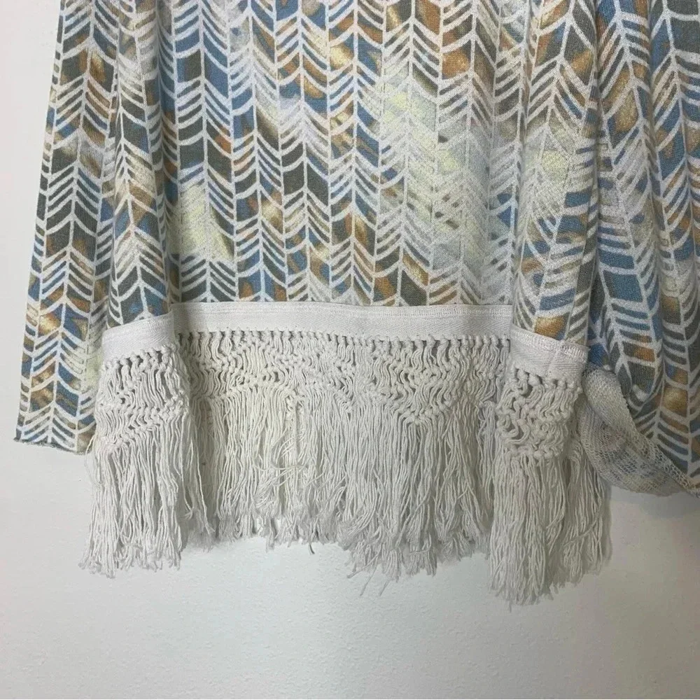 Free people geometric blue yellow white fringe macrame long sleeve top sz Large